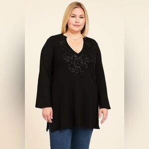 INC Tunic Beaded V Neck Sweater 1X Black Embellished Chic Classic Whimsigoth